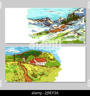Dessinez des paysages de campagne colorés avec des maisons de campagne arbres montagnes dedans illustration du vecteur de l'heure d'hiver et d'été Illustration de Vecteur