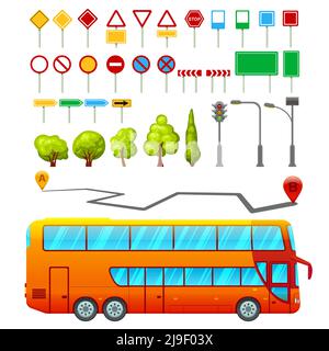 Les transports en commun sont équipés de panneaux indiquant les arbres illustration vectorielle isolée des feux de circulation et de l'itinéraire de navigation Illustration de Vecteur
