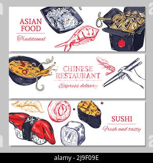 Banderoles horizontales chinoises avec soupe de nouilles, sushi de riz et illustration vectorielle de style fruits de mer dessinés à la main Illustration de Vecteur