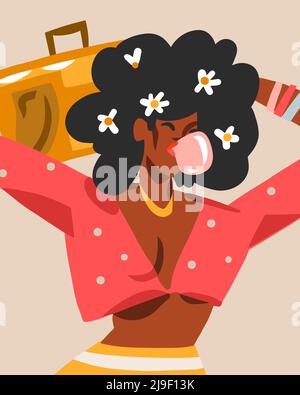 Dessin à la main vecteur abstrait plat graphique moderne illustration caractère de jeune heureux rétro vintage disco african american girl roller patinage,90 Illustration de Vecteur