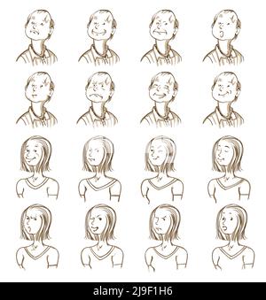 Collection d'expressions du visage avec différentes émotions d'homme et de femme illustration vectorielle isolée style doodle Illustration de Vecteur