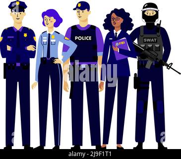 L'équipe de police de la ville. Ensemble de jeunes officiers différents hommes et femmes debout ensemble. Illustration de Vecteur