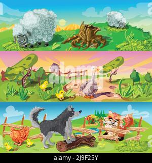 Dessins animés animaux trois bannières horizontales ensemble avec des moutons dans le champ volaille et chien défendant le poulet du renard illustration vectorielle Illustration de Vecteur
