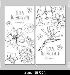 Bannières verticales de plantes exotiques dessinées à la main avec fleurs et feuilles pour l'illustration vectorielle florale de la boutique en ligne Illustration de Vecteur