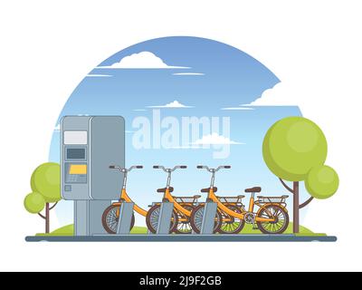 Concept de parking à vélo coloré avec machine à billets orange pour vélos et illustration vectorielle arbres verts Illustration de Vecteur