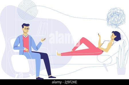 Psychologue homme et jeune femme patient en séance de thérapie. Traitement du stress, de la toxicomanie et des problèmes mentaux. Illustration de Vecteur