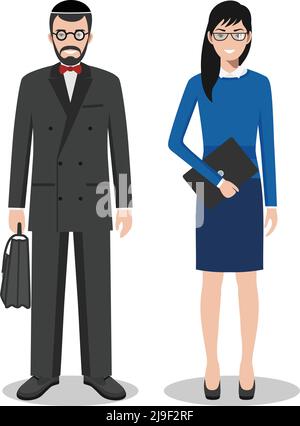 Deux personnes créatives isolées sur fond blanc. Ensemble d'homme d'affaires juif et de femme debout ensemble. Mignon et simple dans un style plat. Illustration de Vecteur