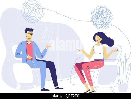 Psychologue homme et jeune femme patient en séance de thérapie. Traitement du stress, de la toxicomanie et des problèmes mentaux. Illustration de Vecteur
