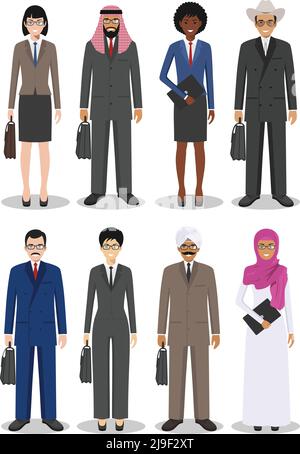 Illustration détaillée de la diversité des hommes d'affaires dans un style plat sur fond blanc. Illustration de Vecteur
