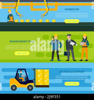 Bannières horizontales industrielles avec gestion des emballages et processus de transport des employés dans une illustration vectorielle de style plat Illustration de Vecteur