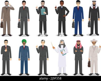 Illustration détaillée de divers employés d'affaires dans différents postes, dans un style plat sur fond blanc. Illustration de Vecteur