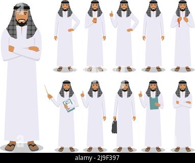Illustration détaillée de l'homme d'affaires arabe musulman debout dans différentes positions dans le style plat sur fond blanc. Illustration de Vecteur