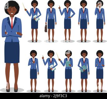 Illustration détaillée d'une femme d'affaires afro-américaine debout dans différentes positions de style plat sur fond blanc. Illustration de Vecteur