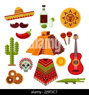 Icônes du Mexique avec sombrero tequila piment moustache pyramide cactus crocodile poncho guitare maracas objets anciens illustrations vectorielles isolées Illustration de Vecteur