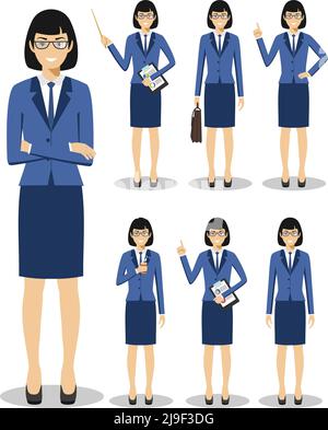 Illustration détaillée d'une femme d'affaires américaine européenne debout dans différentes positions de style plat sur fond blanc. Illustration de Vecteur
