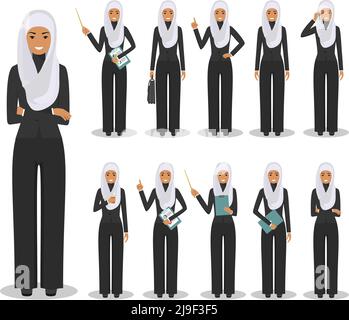 Illustration détaillée d'une femme d'affaires arabe musulmane debout dans différentes positions de style plat sur fond blanc. Illustration de Vecteur