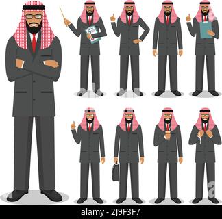 Illustration détaillée de l'homme d'affaires arabe musulman debout dans différentes positions dans le style plat sur fond blanc. Illustration de Vecteur