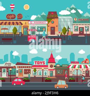 Rue commerçante bannières horizontales avec des personnes en mouvement de voitures façades de magasins restaurants et cafés illustration vectorielle Illustration de Vecteur