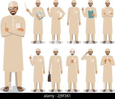 Illustration détaillée de l'homme d'affaires arabe musulman debout dans différentes positions dans le style plat sur fond blanc. Illustration de Vecteur