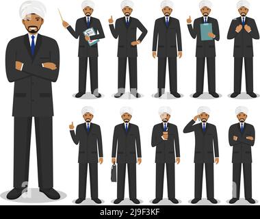 Illustration détaillée d'un homme d'affaires musulman ou indien se tenant dans différentes positions dans un style plat sur fond blanc. Illustration de Vecteur