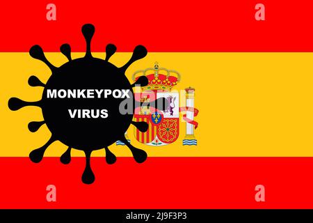 VIRUS DE LA VARIOLE DU SINGE. Drapeau de l'Espagne. Mpox. Clade 1b. La variole du singe. Vésicules de la variole du singe sur le bras. Virus, épidémie, maladie. Clade 2. Banque D'Images