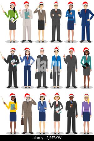 Ensemble d'hommes d'affaires divers debout ensemble dans des chapeaux de Père Noël de style plat sur fond blanc. Différentes nationalités et différents styles de robe. Mignon Illustration de Vecteur