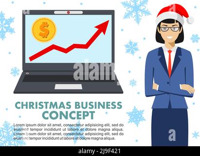 Concept commercial Noël et nouvel an. Femme d'affaires avec ordinateur. Graphique avec signe dollar dans le design d'icône plate dans ordinateur portable dans le style plat isolé. Illustration de Vecteur