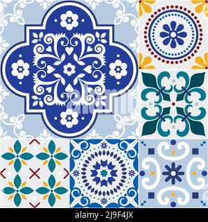 Ensemble de carreaux azulejo portugais et espagnol sans couture à motif vectoriel en mosaïque, collection rétro à motif floral inspiré de l'art du carrelage du Portugal et de l'Espagne Illustration de Vecteur