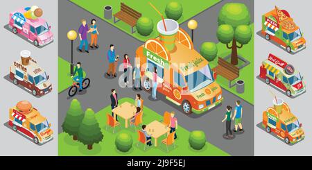 Modèle isométrique de nourriture de rue avec les gens achetant des boissons au jus van et crème glacée hamburger pizza grill camions vector illustration Illustration de Vecteur