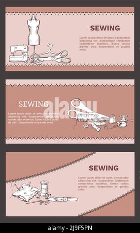 Bannières horizontales dessinées à la main avec accessoires de couture outils et illustration du vecteur d'équipement Illustration de Vecteur
