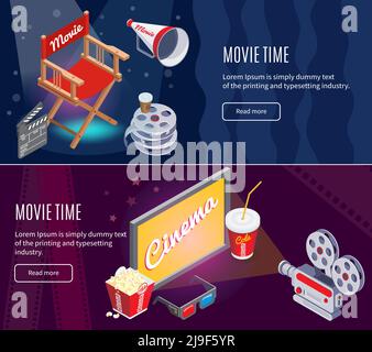 Banderoles horizontales de cinéma isométrique colorées avec production cinématographique et cinéma illustration vectorielle des éléments de divertissement Illustration de Vecteur