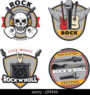 Ensembles de musique rock de couleur vintage avec tête de mort de guitares croisées casque ailes microphones amplificateur illustration vectorielle isolée Illustration de Vecteur