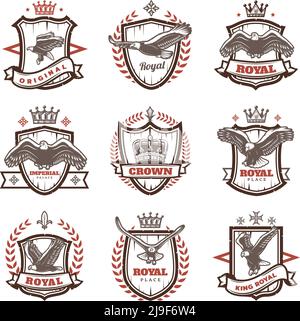 Manteaux d'armes royales vintage avec couronne d'aigle aux lettres illustration vectorielle isolée de boucliers héraldiques de couronne laurel Illustration de Vecteur