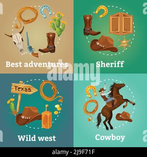 Composition colorée de la place de l'ouest sauvage avec équipement de cow-boy et de shérif cactus pointeur fers à cheval saloon illustration vectorielle de porte Illustration de Vecteur