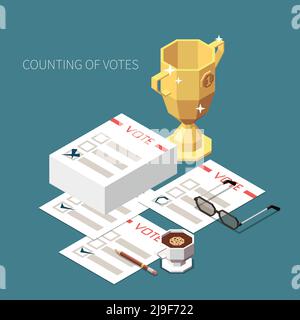 Décompte des votes concept isométrique ensemble de la coupe des gagnants et une pile de bulletins de vote avec des coches illustration vectorielle Illustration de Vecteur