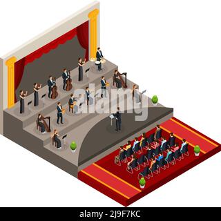 Concept d'orchestre symphonique isométrique avec chef d'orchestre et musiciens jouant le classique musique devant l'audience illustration vectorielle isolée Illustration de Vecteur