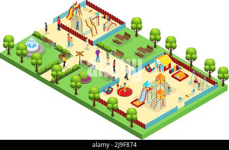 Concept de parc d'attractions isométrique avec parents enfants visitant l'aire de jeux avec différentes diapositives et balançoires illustrations vectorielles isolées Illustration de Vecteur