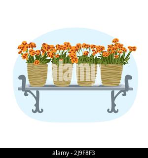 Carte de printemps concept avec fleurs marigolds dans des pots sur le rebord de fenêtre, maison jardinage Happy Morning paisible vecteur d'illustration positive Illustration de Vecteur