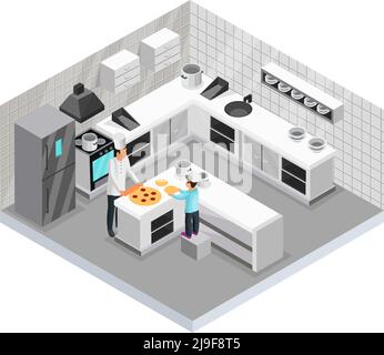 Modèle de cuisine maison isométrique de père préparant la pizza avec son son dans la cuisine illustration vectorielle isolée Illustration de Vecteur