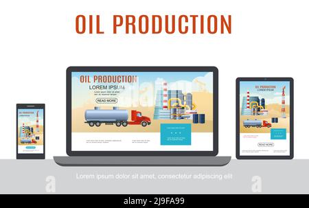 Concept de conception adaptative pour l'industrie de l'huile plate avec camion-citerne pétrochimique corps de plante sur les écrans de téléphone portable et de tablette vecteur isolé illustration Illustration de Vecteur