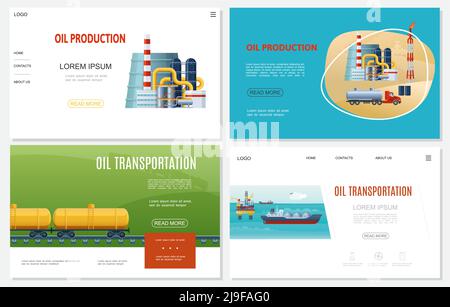 Sites Web de l'industrie pétrolière plate avec l'essence de chemin de fer d'usine de raffinerie tanks truck derrick tanker navire de forage de mer illustration vectorielle de l'engin de forage Illustration de Vecteur