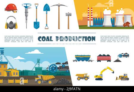 Jeu d'éléments industriels pour exploitation minière à plat avec pelle à pioche pour perceuse à casque chariot à casque de convoyeur à charbon avec pelle de bulldozer pour camion à charbon usine industrielle Illustration de Vecteur