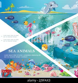 Dessin animé modèle de vie sous-marine avec animaux de mer créatures algues marines et l'illustration vectorielle des coraux Illustration de Vecteur