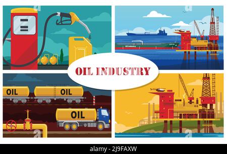 Concept de l'industrie pétrolière plate avec plate-forme de forage d'eau station-service navire canister pompe à carburant camion pipeline essence pour chemin de fer réservoirs vecteur il Illustration de Vecteur