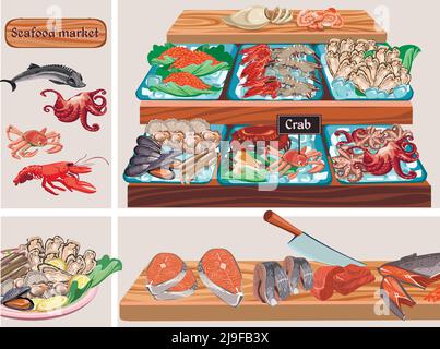 Composition plate du marché des fruits de mer avec caviar de crabe octopus d'esturgeon moules crevettes crevettes crevettes pétoncles calmars saumon de la zander hareng poissons viande sur c Illustration de Vecteur