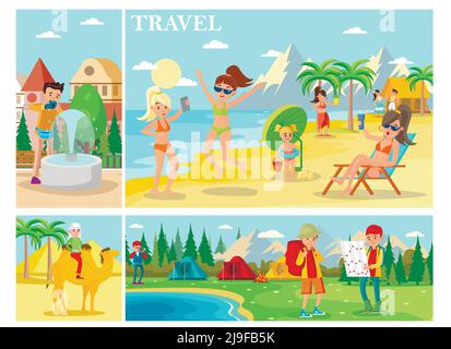 Composition de vacances d'été plate avec les gens se détendre sur la plage homme campement de touristes à dos de chameau dans l'illustration de vecteur de forêt Illustration de Vecteur