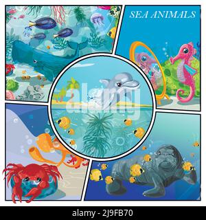 Dessin animé animaux de mer composition colorée avec dauphin hippocampe poissons baleine illustration du vecteur des coraux de méduses de crabe et des algues Illustration de Vecteur