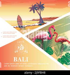 Croquis de Bali modèle de vacances avec flamants roses monstera et feuilles de palmier illustration vectorielle de paysage de plage tropicale Illustration de Vecteur