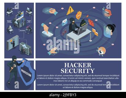 La composition d'attaques de piratage isométrique avec des éléments de sécurité d'identification biométrique et des pirates informatiques brisant les ordinateurs personnels centres de données cloud ser Illustration de Vecteur