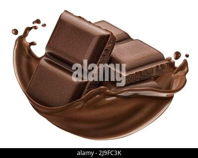 Morceaux de chocolat avec éclaboussures de chocolat isolées sur fond blanc Banque D'Images